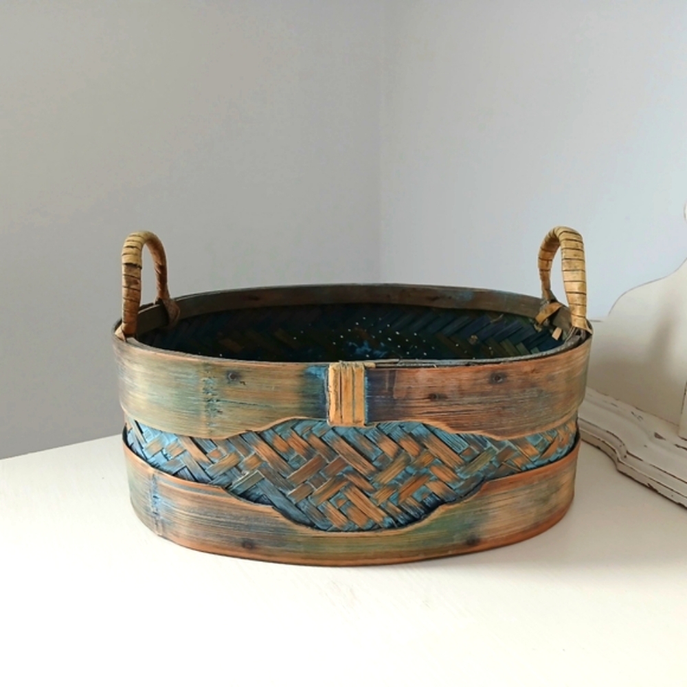 Vintage Wood & Woven Wicker Basket
